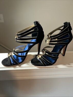 COACH Black Leather Strappy Heels with Gold Accents and Blue Insole